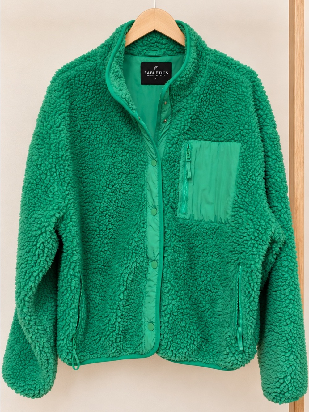 Fabletics Womens L Green Sherpa Fleece Jacket Snap Front Teddy Coat Zip Pockets - Picture 3 of 4